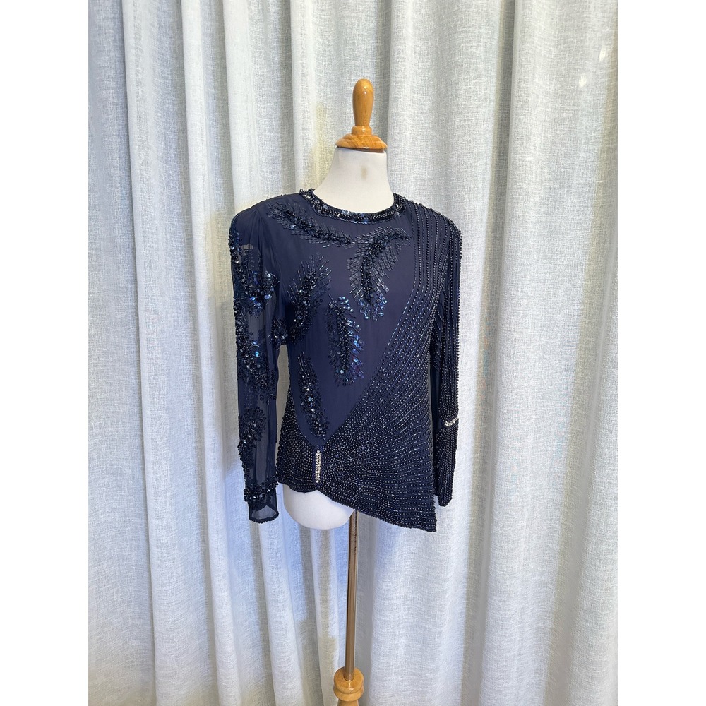 Niteline Heavily Beaded Long Sleeve Navy long sleeve  Silk Top